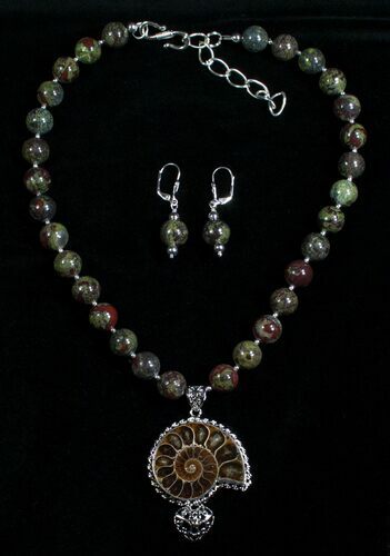 Ammonite, Bloodstone - Necklace & Earring Set #5218